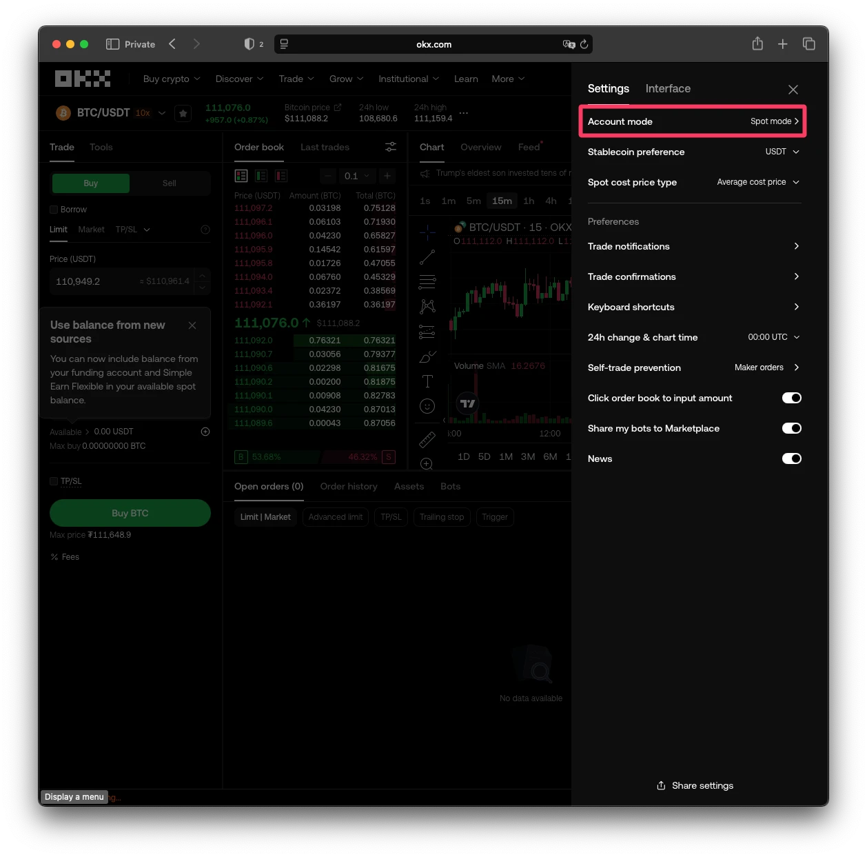 OKX spot trading
