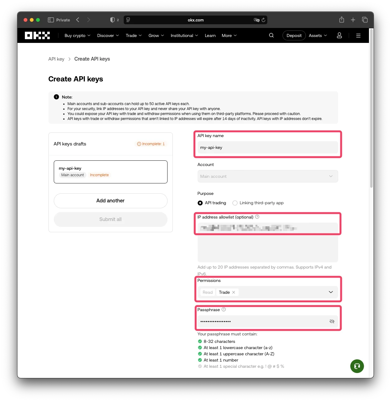 OKX API keys